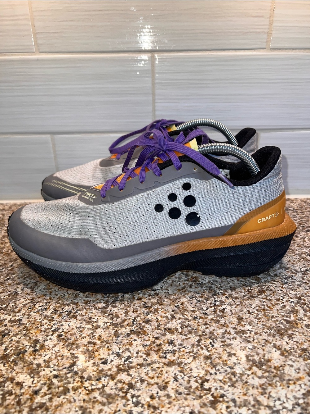 Craft Gray and Gold Running Sneakers with Purple Laces
